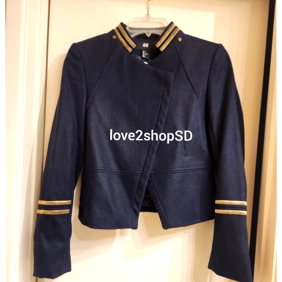 H&M Gisele Bündchen Military Wool Blazer Navy Blue Gold Jacket NWT US 6 Euro 36 - Picture 4 of 5